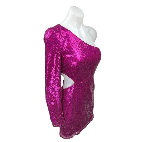Lulus Pink Sequin One Shoulder Sparkly Shimmer Cutout Cocktail Mini Dress Size S - Picture 12 of 16